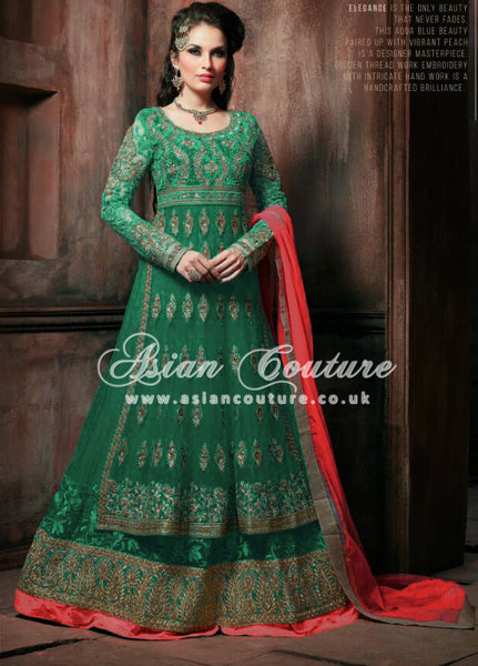 SL1001A GREEN STARLIGHT DESIGNER EMBROIDERED ANARKALI SUIT - Asian Party Wear
