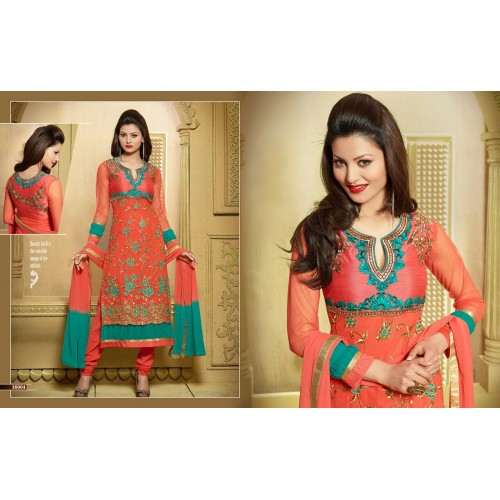 Peach ZOOL KEYAS 5 GEORGETTE LONG LENGTH STRAIGHT SUITS - Asian Party Wear