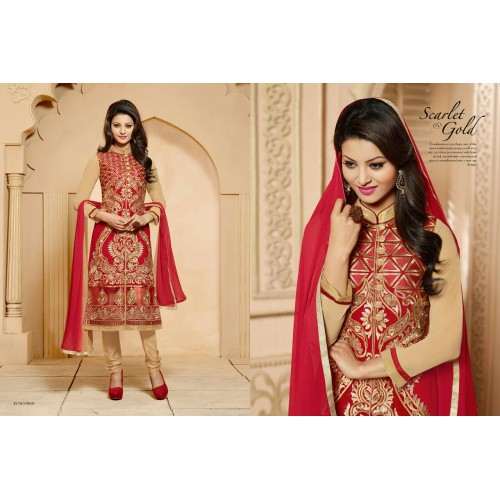 Red and Golden KEYAS 4 GEORGETTE LONG LENGTH STRAIGHT SUIT - Asian Party Wear
