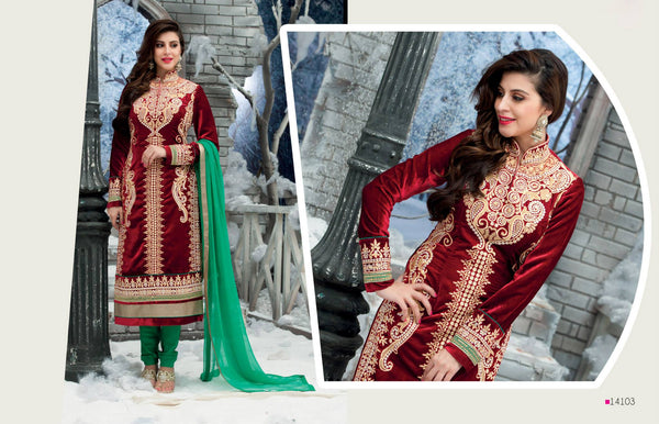 Red and Green RIVAA  DESIGNER VELVET DRESS - Asian Party Wear
