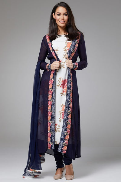 NAVY BLUE AND WHITE FLORAL INNER JACKET STYLE READYMADE DRESS - Asian Party Wear