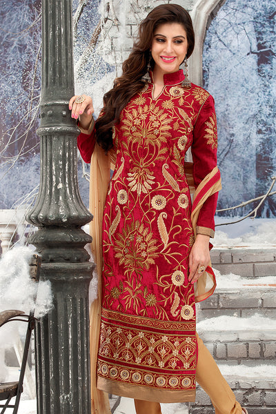 Red RIVAA DESIGNER VELVET DRESS - Asian Party Wear