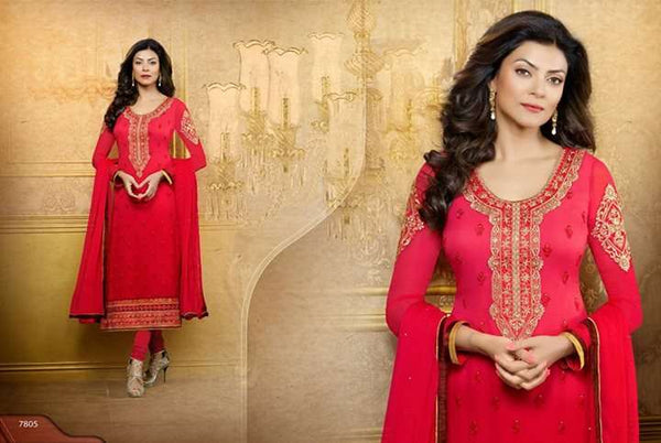 Red Sushmita Sen Pure Georgette Straight Suit - Asian Party Wear