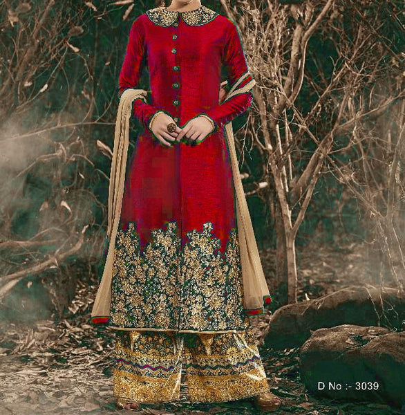 Red Indian Bhagalpuri Floor Length Party Wear Anarkali Suit - Asian Party Wear