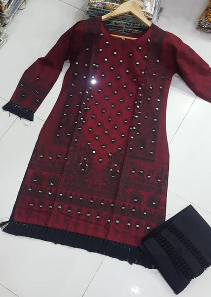 Dark Red Readymade Linen Mirror Kurti - Asian Party Wear