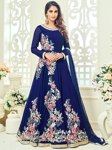 18012 BLUE ROSSELL ARIHANT FLORAL EMBROIDERED ANARKALI SUIT - Asian Party Wear