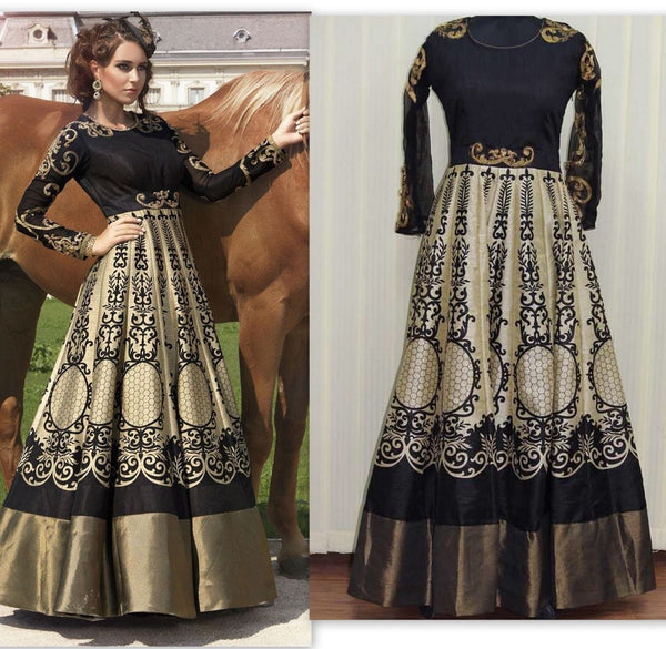 BLACK FLORAL PARTY WEAR DESIGNER INDO WESTERN STYLE ANARKALI GOWN - Asian Party Wear