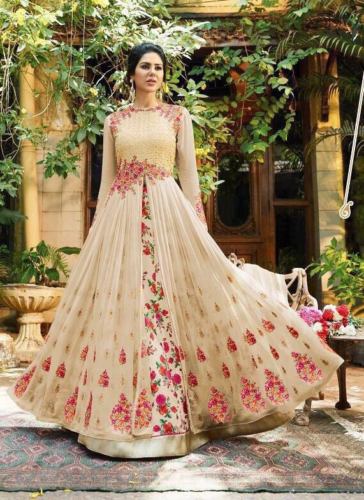 BEIGE TRADITIONAL INDIAN ANARKALI LEHENGA DRESS - Asian Party Wear