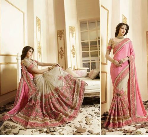 PINK AND BEIGE BRIDAL WEDDING WEAR INDIAN STYLISH SAREE - Asian Party Wear