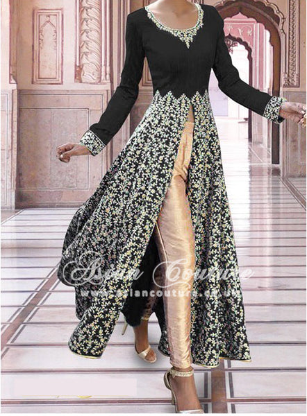 SAR001 BLACK SEMI STITCHED ROSE ANARKALI SUIT - Asian Party Wear