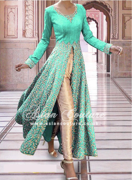 SAR003 MINT GREEN SEMI STITCHED ROSE ANARKALI SUIT - Asian Party Wear