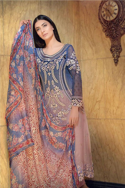 SANOBAR 2024 PINK AND BLUE PREMIUM GEORGETTE PAKISTANI STYLE SUIT - Asian Party Wear