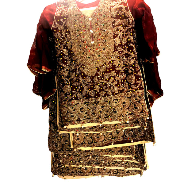 Maroon Girls Embroidered Chiffon Suit - Asian Party Wear