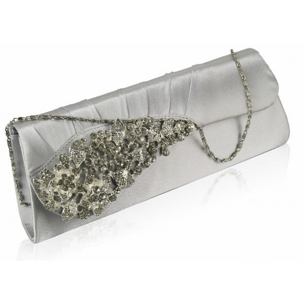 Silver Ruched Satin Clutch/Evening Bag With Crystal Flower - Asian Party Wear