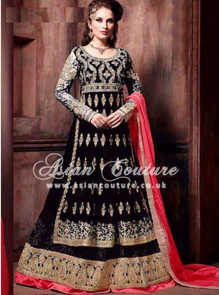 SL1001D BLACK STARLIGHT DESIGNER EMBROIDERED ANARKALI SUIT - Asian Party Wear