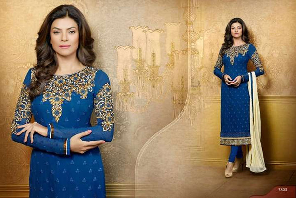 Snorkel Blue Sushmita Sen Pure Georgette Straight Suit - Asian Party Wear
