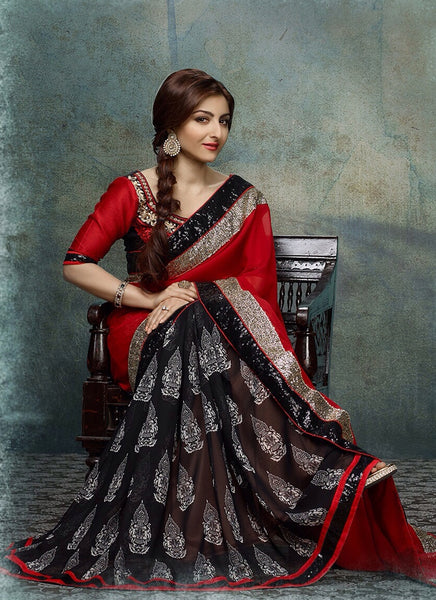 SOHA ALI KHAN BLACK AND RED PATCH BORDER DESIGNER SAREE - Asian Party Wear