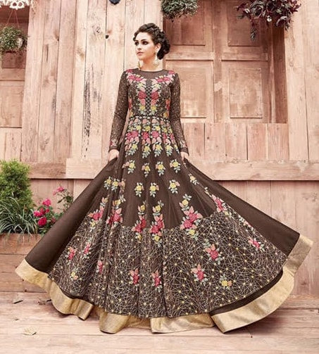 21004 ZOYA ENGAGED DARK BROWN HEAVY EMBELLISHED GOWN - Asian Party Wear