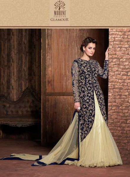 Beige and Navy Blue Indian Wedding Lehenga - Asian Party Wear
