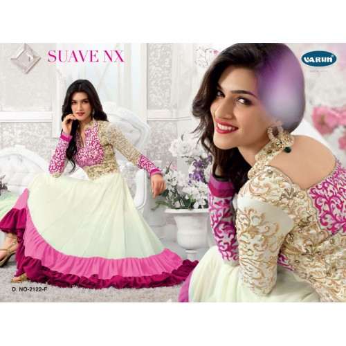 White and Pink KRITI SANON "SUAVE COLORS" WEDDING WEAR ANARKALI - Asian Party Wear