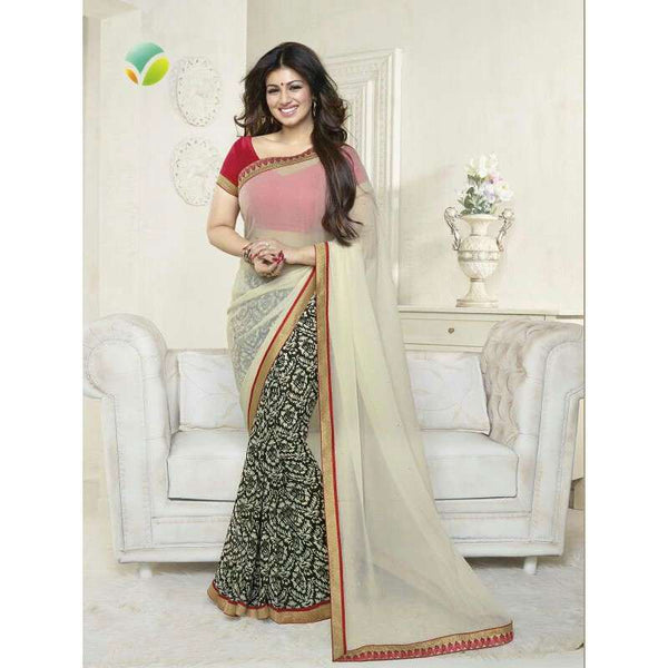 White and Red Ayesha Takia "Sheesha Star Walk" Chiffon Georgette Party Wear Saree - Asian Party Wear