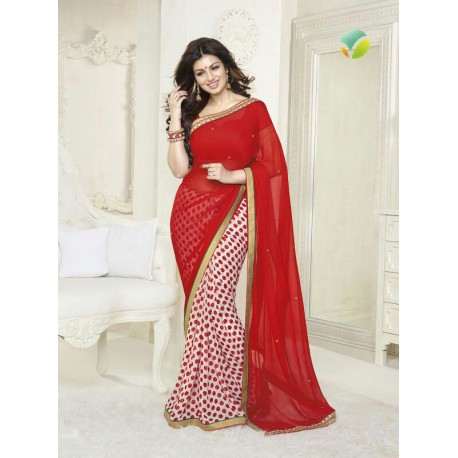 White and Red Ayesha Takia "Sheesha Star Walk" Chiffon Georgette Party Wear Saree - Asian Party Wear