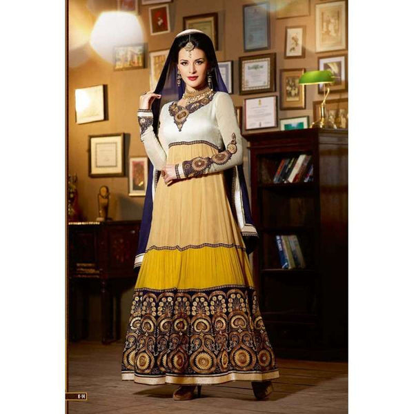 White and Yellow Jacqueline Fernandez KICK Anarakali Dress - Asian Party Wear