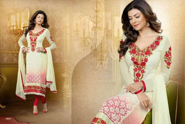 Beige with Red Sushmita Sen Pure Georgette Straight Suit - Asian Party Wear
