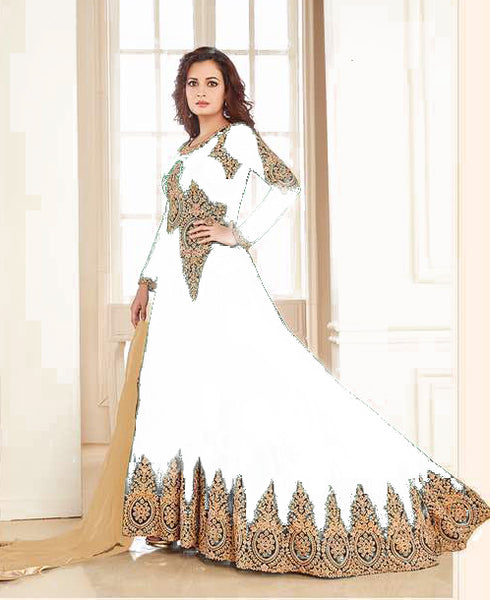 White Floor Length Punjabi Anarkali Dress - Asian Party Wear