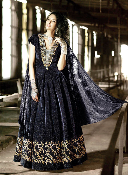 ZF15004 BLACK ZOYA FEELINGS WEDDING WEAR VELVET DRESS - Asian Party Wear