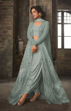 Greenish Grey Heavy Embroidered Indian Wedding Jacket Style Dress - Asian Party Wear