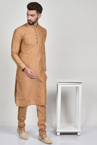 Dark Beige Plain Silk Indian Mens Kurta Pajama - Asian Party Wear