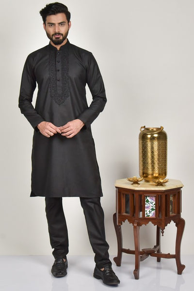 Black Embroidered Kurta Pajama for Boys - Asian Party Wear