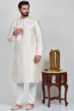 Cream Jamawar Pakistani Silk Kurta Pajama Set - Asian Party Wear