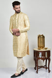 Cream Embroidered Groom Mayoun Mehndi Kurta Pajama - Asian Party Wear