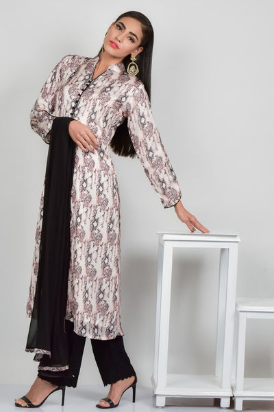 BEIGE & BLACK PRINTED JACKET STYLE SUIT READY TO WEAR