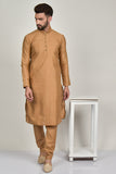 Dark Beige Plain Silk Indian Mens Kurta Pajama - Asian Party Wear