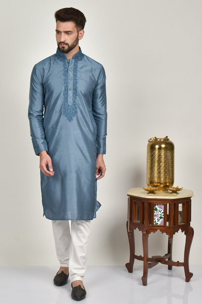 Grey Embroidered Kurta White Pajama Set - Asian Party Wear