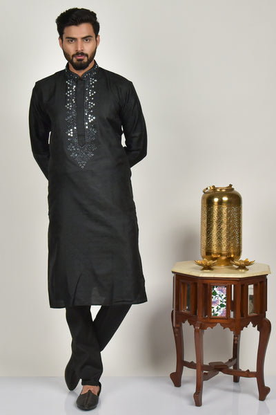 Black Sequin Kurta Pajama Indian Mens Party Wear - Asian Party Wear