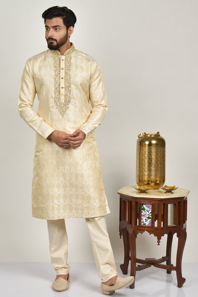 Gold Indian Mens Embroidered Wedding Kurta Pajama - Asian Party Wear