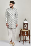 Grey Front Open Kurta Pajama Mens Wedding Wear - Asian Party Wear