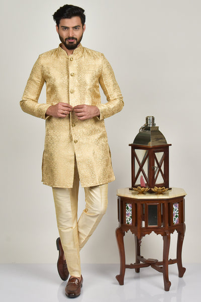 Gold Traditional Wedding Kurta Pajama Set - Asian Party Wear