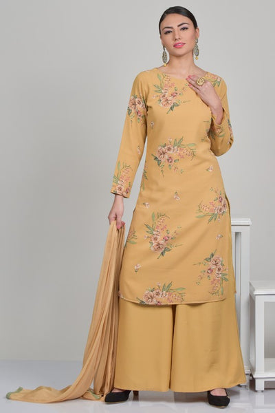 BEIGE FLORAL PRINTED DRESS KURTI PALAZZO PANT SUIT