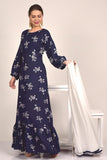 NAVY BLUE CREPE FLORAL PRINTED GOWN