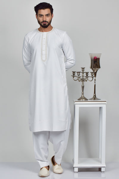 White Trendy Men's Embroidered Kurta Shalwar
