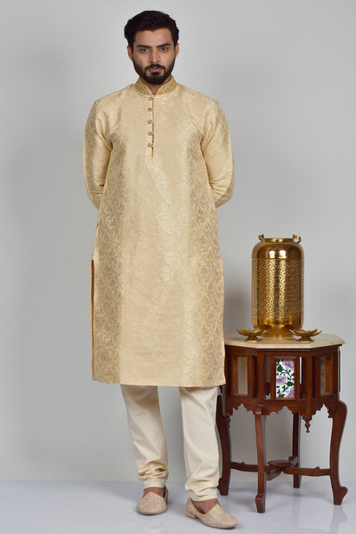 Gold Jamawar Indian Designer Mens Kurta Pajama - Asian Party Wear