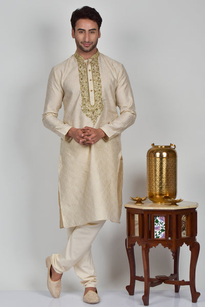 Beige Embroidered Indian Wedding Kurta Payjama - Asian Party Wear