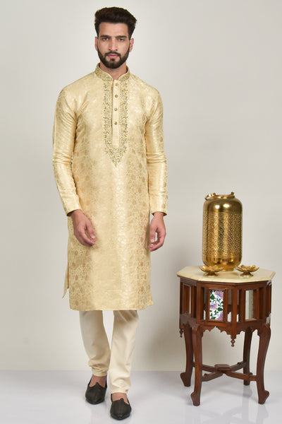 Cream Embroidered Groom Mayoun Mehndi Kurta Pajama - Asian Party Wear