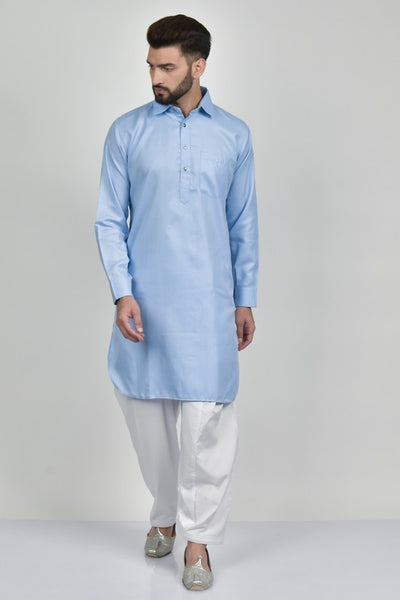 Skye Blue White Pakistani Designer Mens Shalwar Kameez - Asian Party Wear