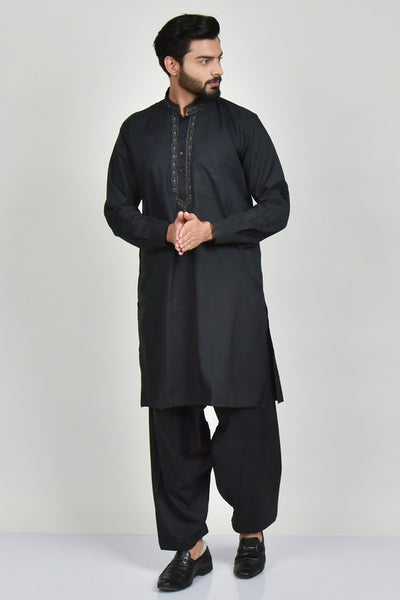 Black Pakistani Designer Embroidered Kurta Shalwar - Asian Party Wear